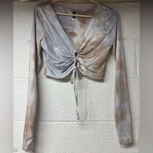 Windsor Two-Tone Light Blue Taupe and Cream Long Sleeve Crop Top